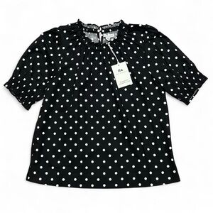 Free Assembly Women's Ruffle Black White Polka Dot Top Puff Sleeves Size XS NWT